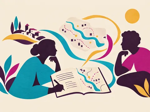 Ilustración: dos personas conversan mientras una toma notas en un cuaderno con un mapa