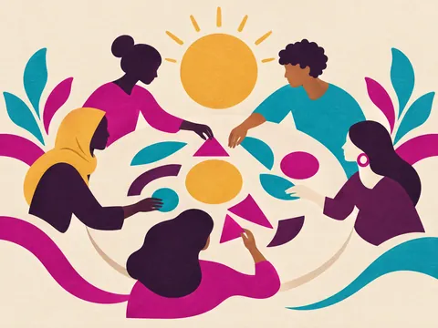 Ilustración: un grupo diverso compone formas de colores alrededor de una mesa